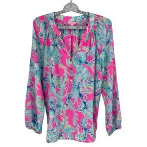 Lilly Pulitzer Women's XL Silk Blouse Lobsters in Love Print Multicolor